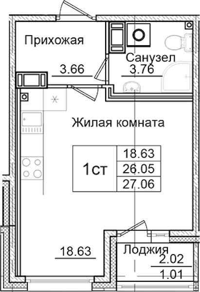Квартира студия 27.06 м², 2/9 эт., ЖК «Квартал Заречье»